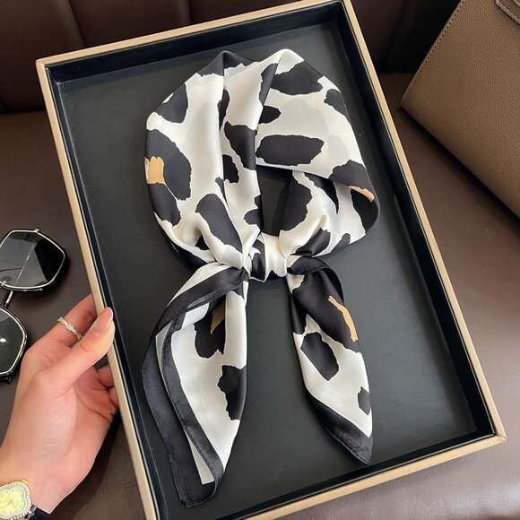 Women Beige Leopard Headscarf Satin Bandana Pattern Polyester Breathable Scarves - Picture 6 of 7